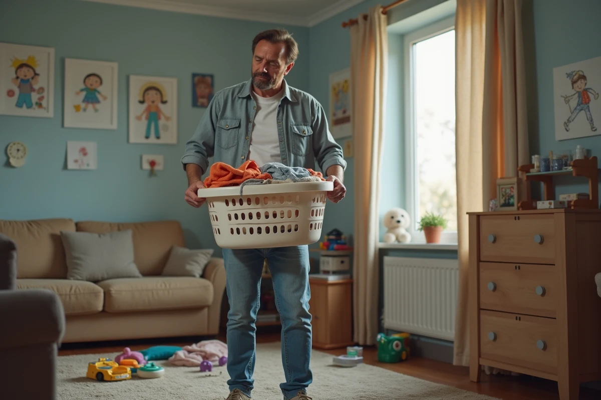 Père préoccupé tenant un panier de linge dans le salon