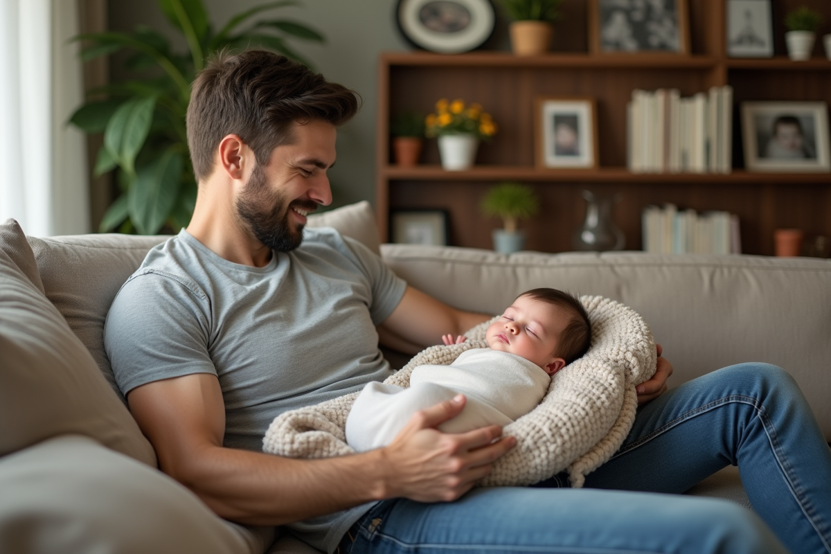 Père regarde son bébé endormi dans un lit portable