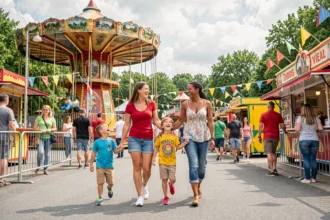 Famille heureuse entrant dans un parc de loisirs du Grand Est en été