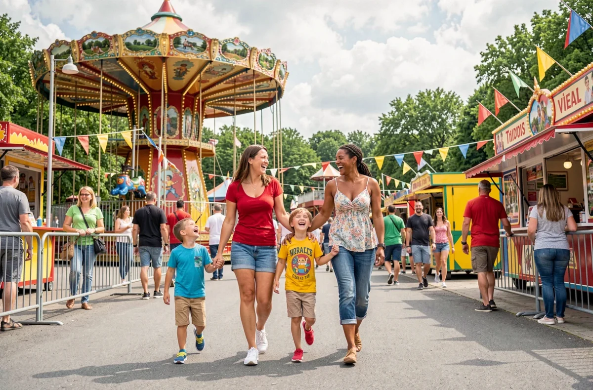 Famille heureuse entrant dans un parc de loisirs du Grand Est en été
