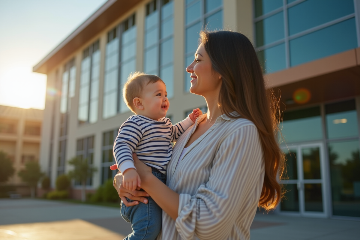 Parent avec bébé devant un bâtiment CAF ensoleille