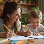Motiver un enfant à faire ses devoirs : méthodes efficaces et conseils pratiques Parent et enfant souriants faisant leurs devoirs ensemble