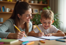 Parent et enfant souriants faisant leurs devoirs ensemble