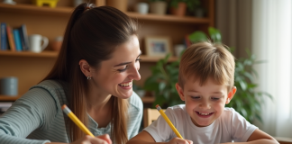 Parent et enfant souriants faisant leurs devoirs ensemble