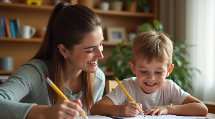 Parent et enfant souriants faisant leurs devoirs ensemble