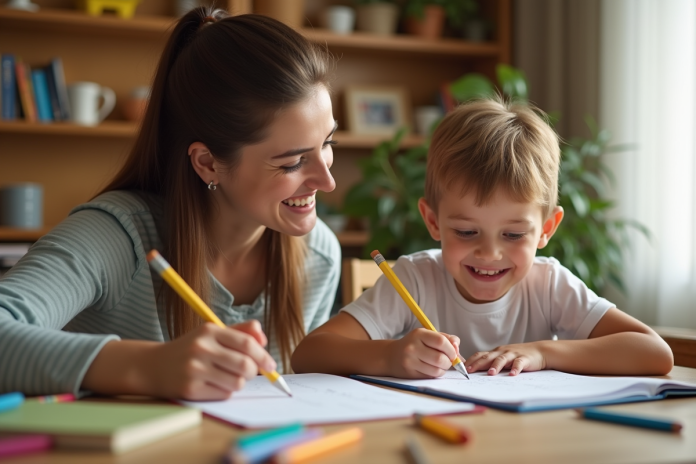 parent-enfant-devoirs Parent et enfant souriants faisant leurs devoirs ensemble