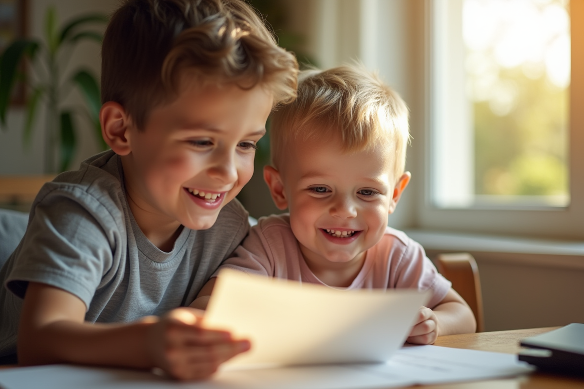 Parent et enfant lisant une lettre à la maison en lumière naturelle