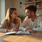 Jeunes parents lisant un livre de noms de bébé à la lumière du matin