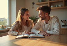 Jeunes parents lisant un livre de noms de bébé à la lumière du matin