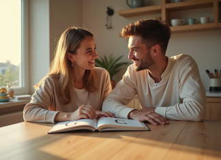 Jeunes parents lisant un livre de noms de bébé à la lumière du matin