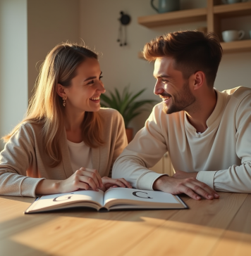Jeunes parents lisant un livre de noms de bébé à la lumière du matin