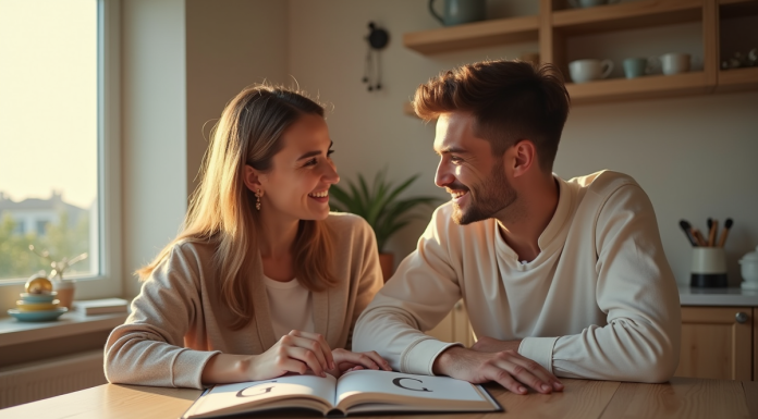 Jeunes parents lisant un livre de noms de bébé à la lumière du matin