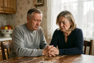 Couple de parents âgés assis à une table de cuisine, visages marqués par l'épreuve et le chagrin, ambiance documentaire réaliste