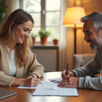 Convention parentale : Définition et importance pour les parents, 85 caractères maximum Parents souriants signant des papiers dans un salon lumineux