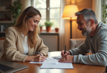 Parents souriants signant des papiers dans un salon lumineux