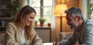Parents souriants signant des papiers dans un salon lumineux