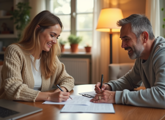 Parents souriants signant des papiers dans un salon lumineux