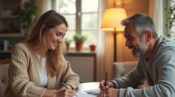 Parents souriants signant des papiers dans un salon lumineux