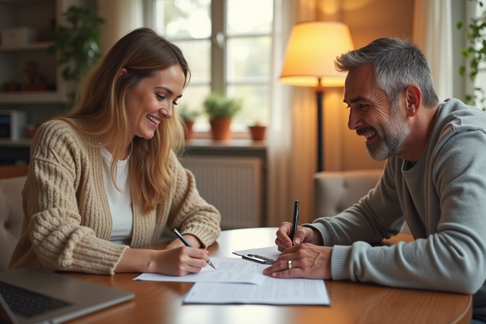 parents-signature-papier Parents souriants signant des papiers dans un salon lumineux