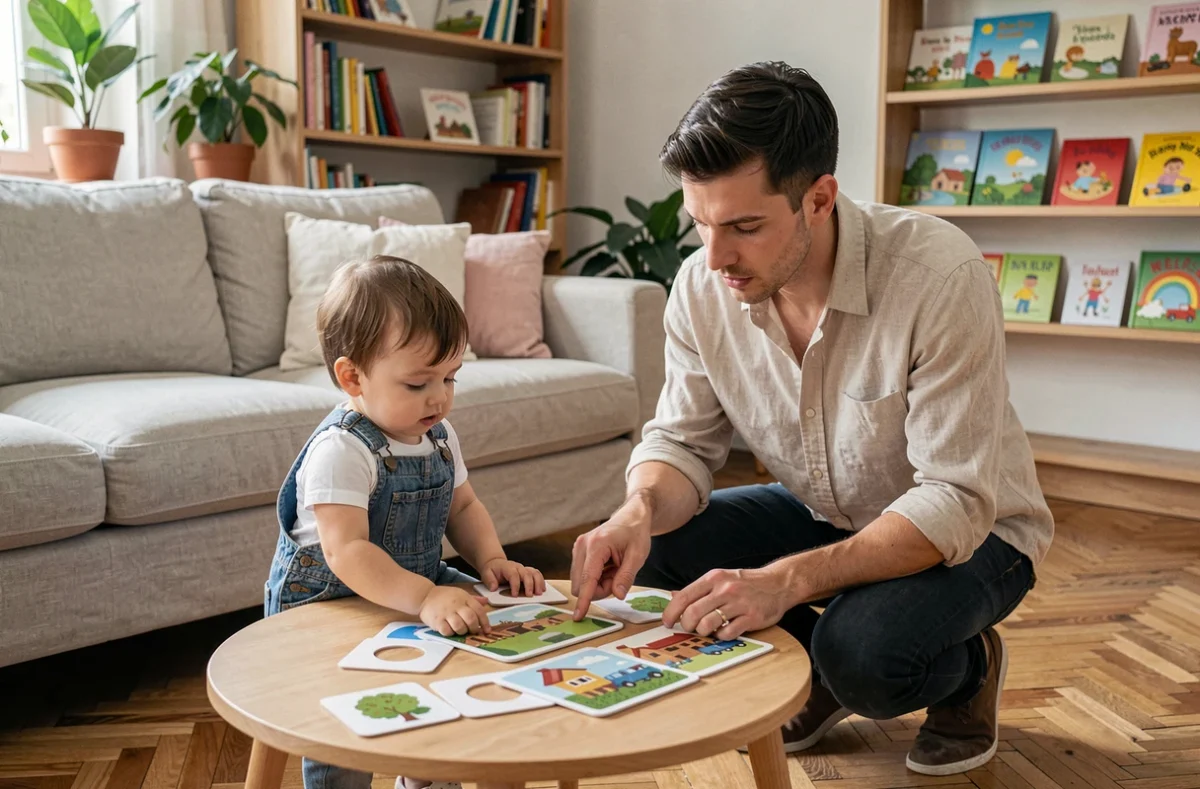 Père et jeune enfant découvrant ensemble des cartes Montessori connectées sur une table basse dans un salon cosy