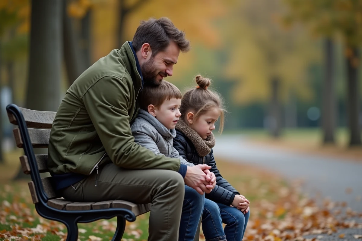 Père discutant avec ses deux enfants boudeurs sur un banc de parc en automne pour apaiser les tensions familiales