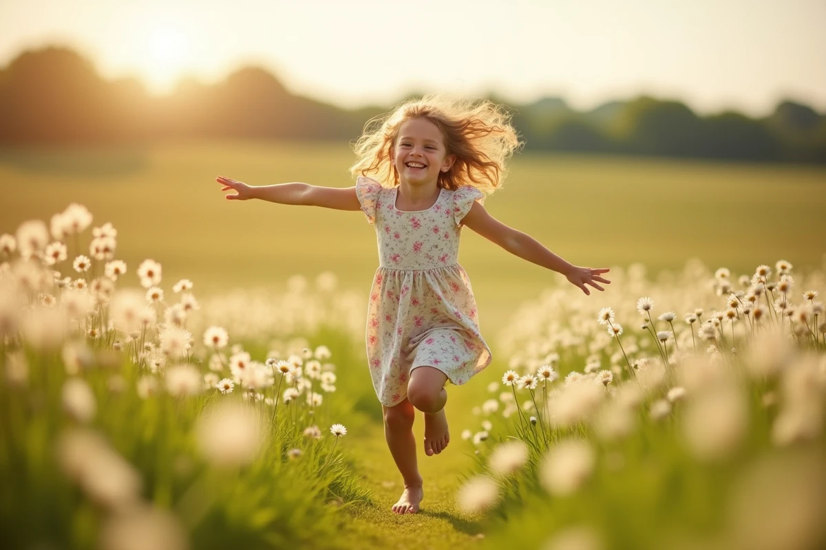 Petite fille courant pieds nus dans un champ de marguerites, les bras écartés, riant librement — souvenir d'enfance insouciant