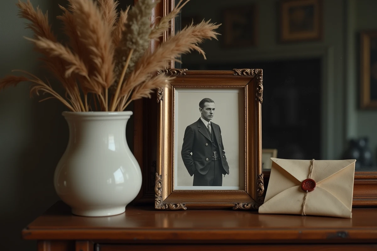 Photographie encadrée en noir et blanc sur une cheminée vintage, symbole de mémoire familiale et de passé discret