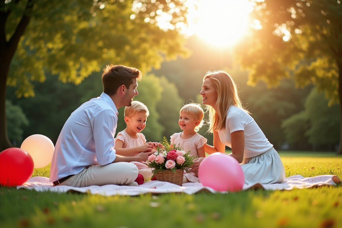 Famille profitant d un pique-nique en plein air avec ballons