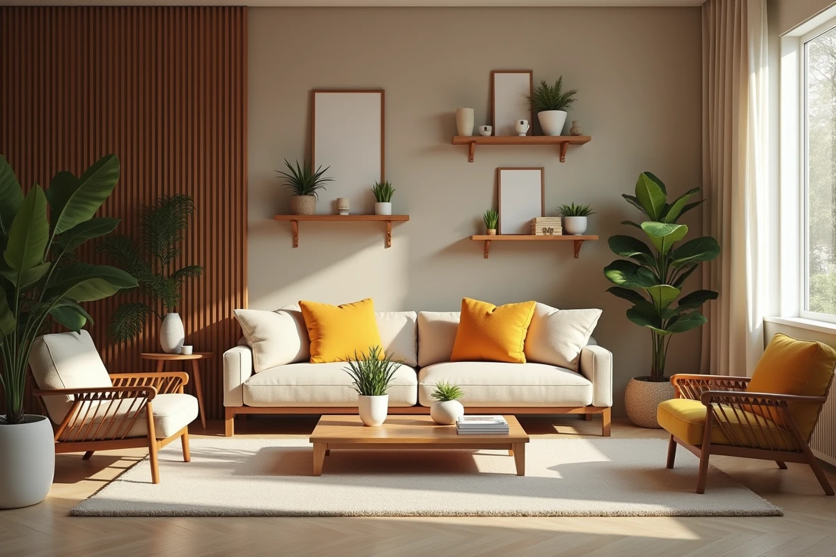 Plateau de télévision décoré comme un intérieur design, mobilier et accessoires de déco soigneusement agencés