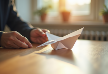 Personne pliant un avion en papier blanc sur une table en bois