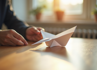 Atelier créatif : réalisation d’un avion en papier étape par étape Personne pliant un avion en papier blanc sur une table en bois