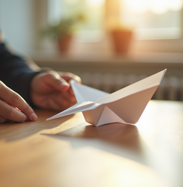 Personne pliant un avion en papier blanc sur une table en bois