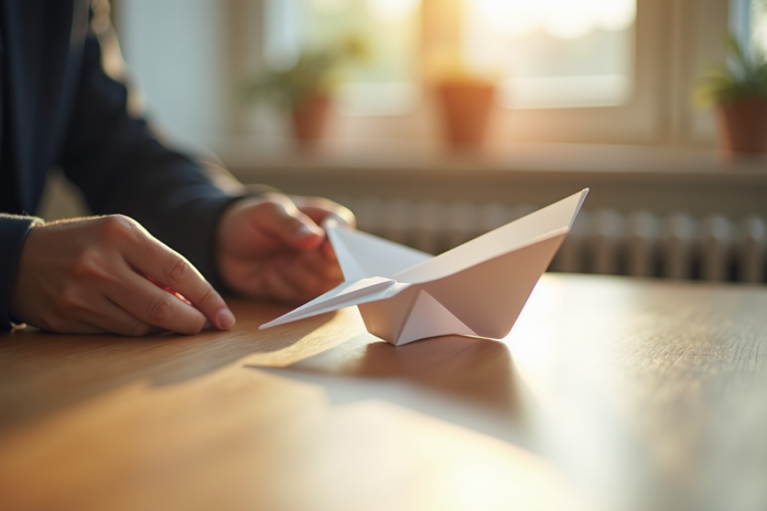 pliage-papier-avion Personne pliant un avion en papier blanc sur une table en bois