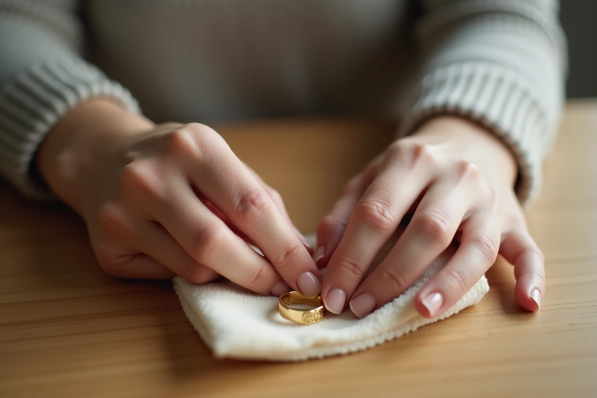 Mains de femme polissant une gourmette en or baptême avec un chiffon doux