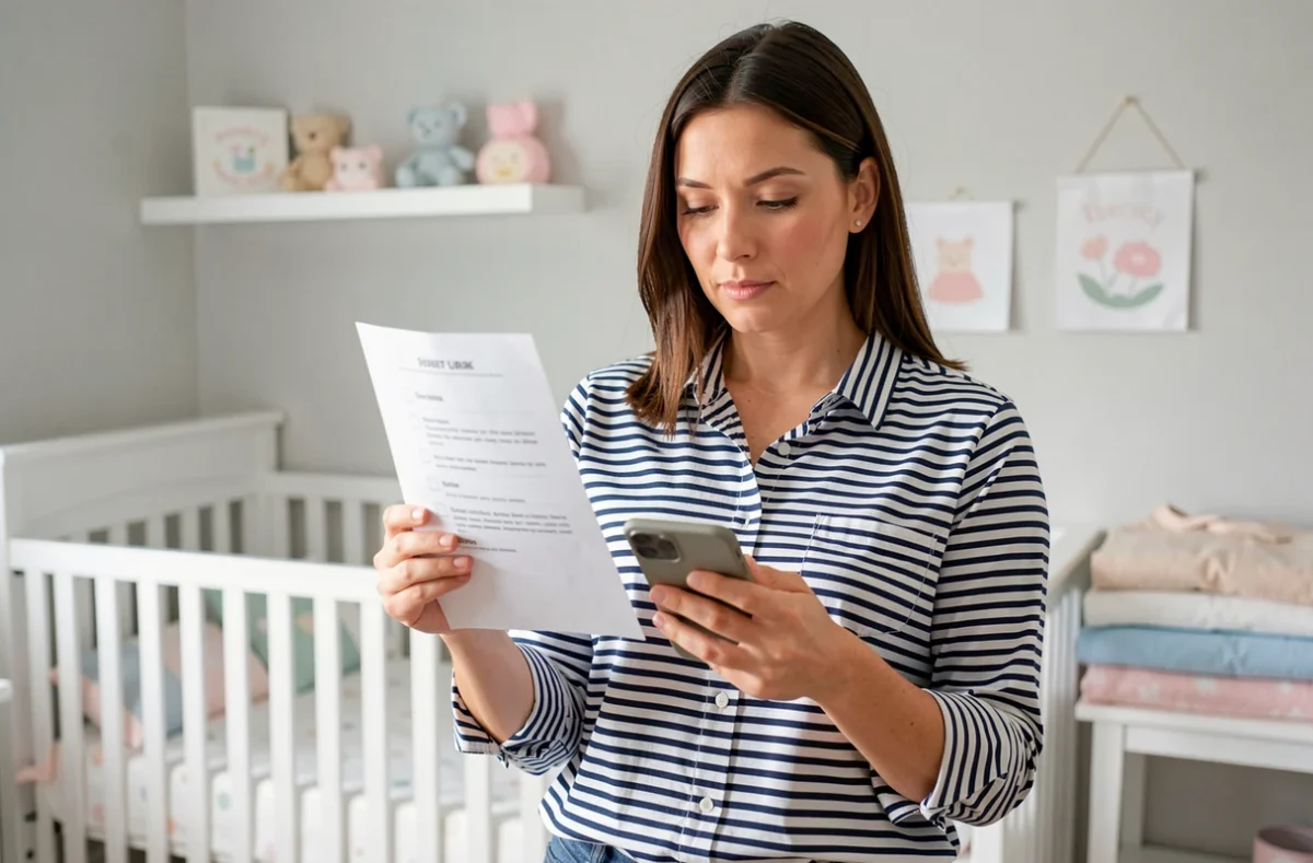 Mère préparant les achats bébé avec une liste et une application dans une chambre de bébé organisée