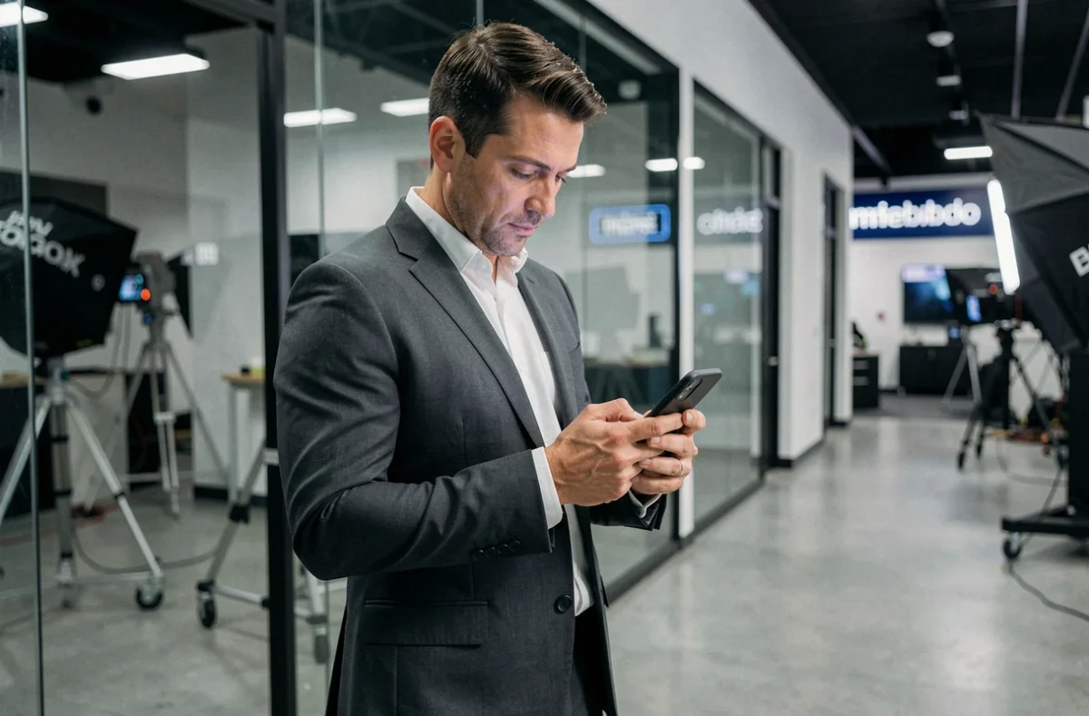 Présentateur de télévision dans les coulisses d'un studio, regardant son téléphone avec concentration, illustrant la frontière entre vie professionnelle et vie personnelle