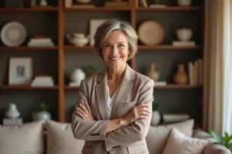 Femme élégante présentatrice déco dans un salon joliment aménagé, style émission télévisée décoration intérieure