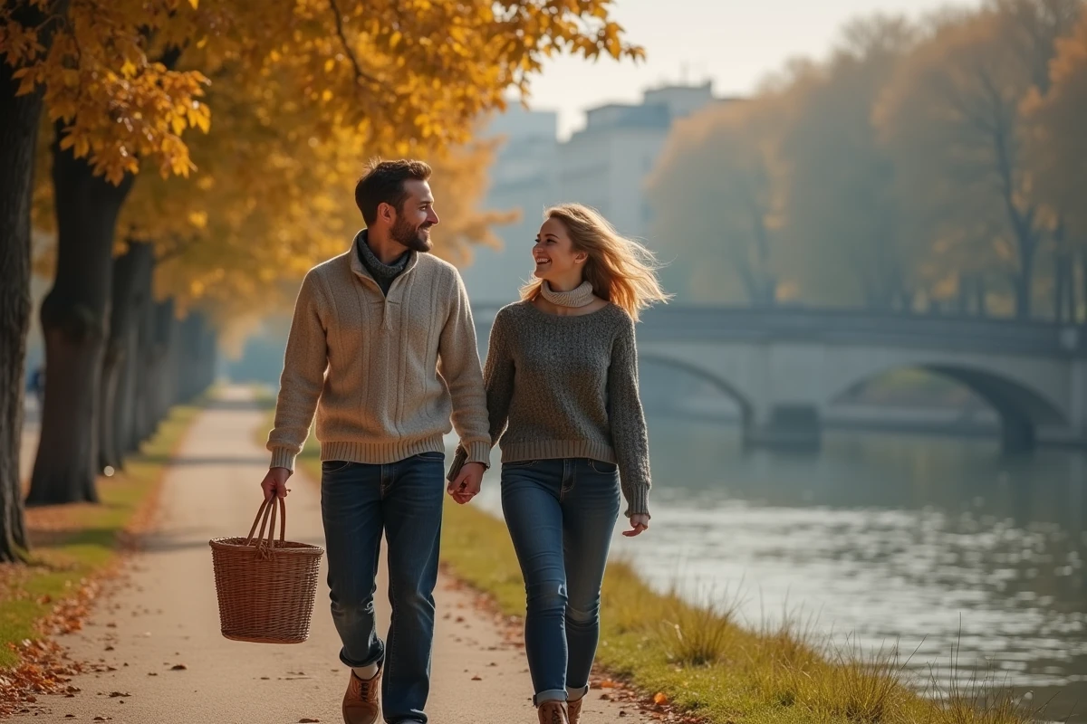 Couple en promenade détente au bord de la Seine en Île-de-France avec panier pique-nique