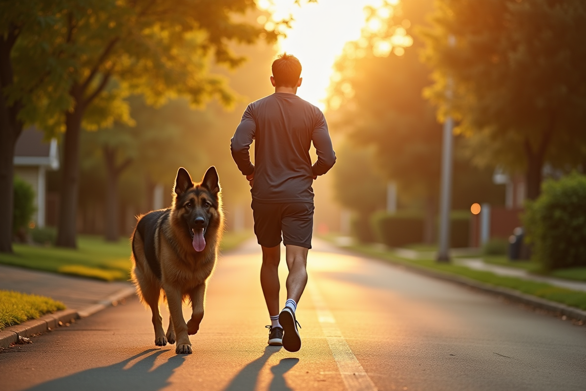 Chien allemand courant avec un adulte dans un quartier résidentiel au lever du soleil
