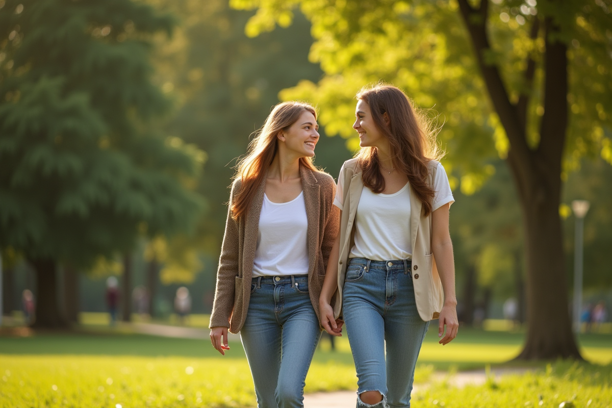 Mère et fille en promenade paisible dans un parc ensoleille