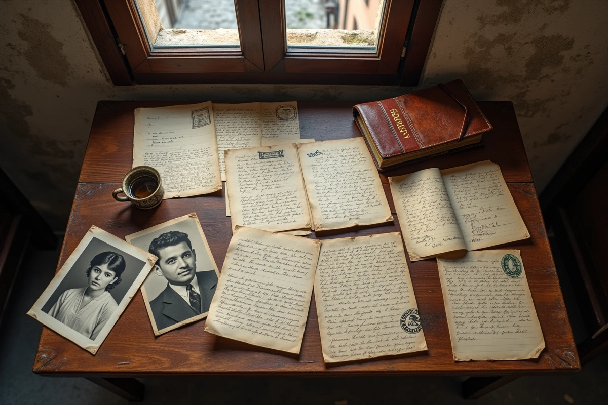 Table couverte de vieilles photographies et lettres manuscrites évoquant la recherche sur les origines familiales et les racines culturelles