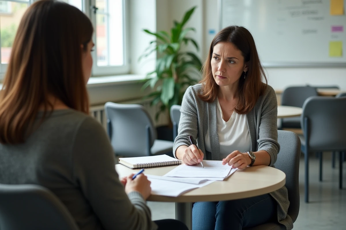 Mère d'élève en réunion avec une enseignante spécialisée examinant des documents scolaires, évoquant les questionnements et inquiétudes des parents d'enfants scolarisés en ULIS