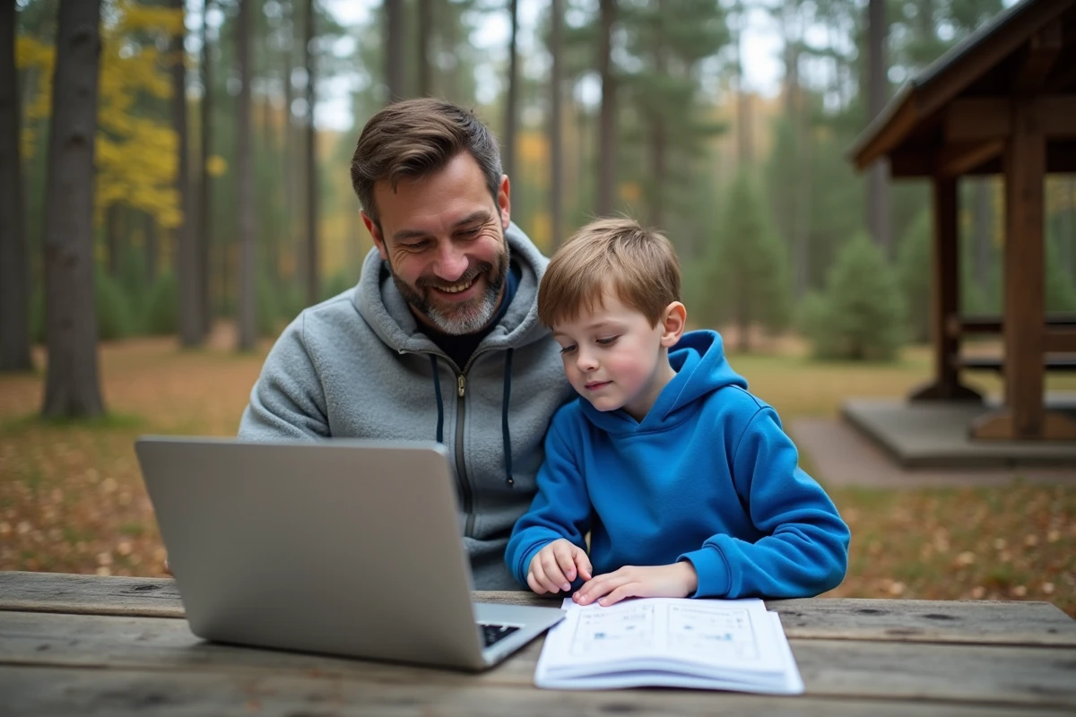 Père et fils révisant ensemble des exercices scolaires français sur un banc en plein air dans un parc canadien en automne