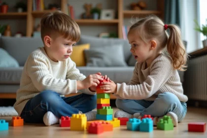Deux jeunes frères et sœurs en conflit sur le sol d'un salon familial, illustrant les rivalités entre enfants