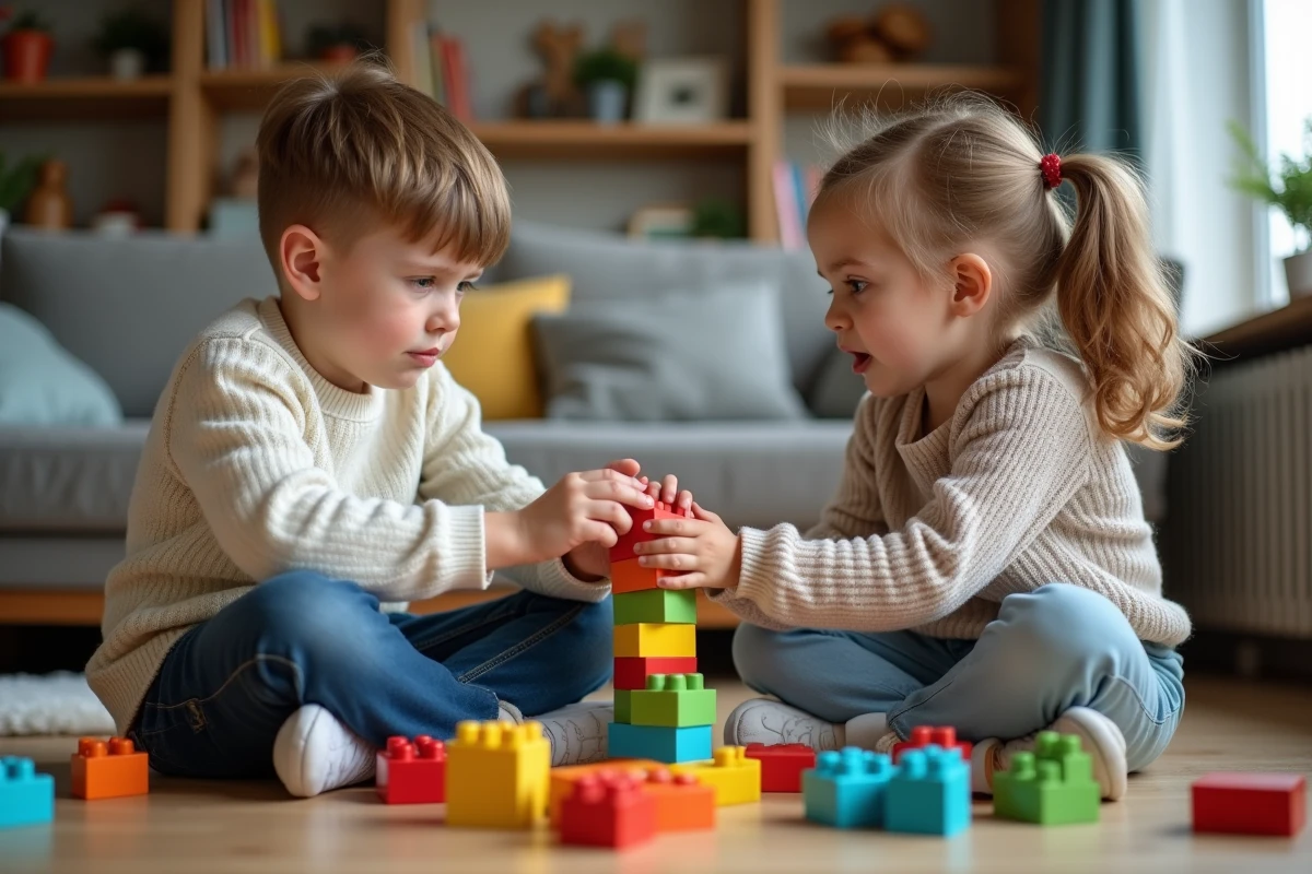 Deux jeunes frères et sœurs en conflit sur le sol d'un salon familial, illustrant les rivalités entre enfants