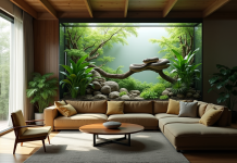 Salon familial moderne avec vivarium vert et vipera