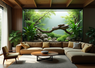 Salon familial moderne avec vivarium vert et vipera
