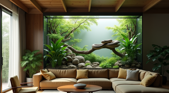 Salon familial moderne avec vivarium vert et vipera