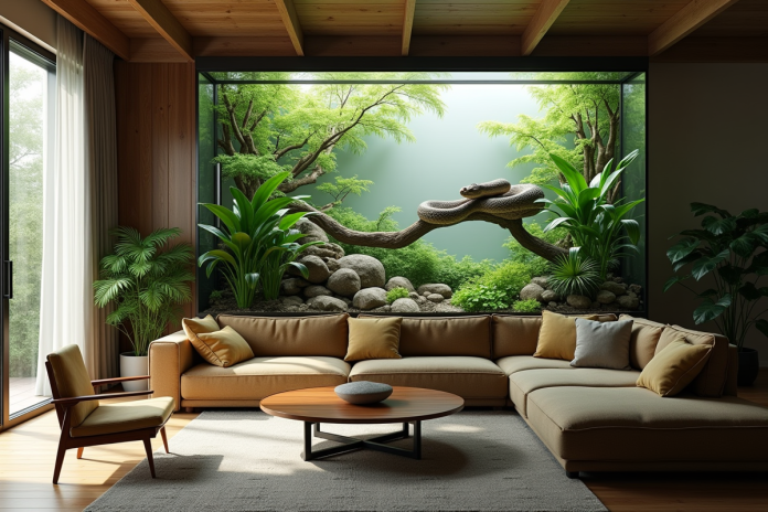 Salon familial moderne avec vivarium vert et vipera