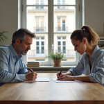 Tendances : moments où l’on divorce le plus en France Un couple signe un contrat dans un appartement moderne à Paris